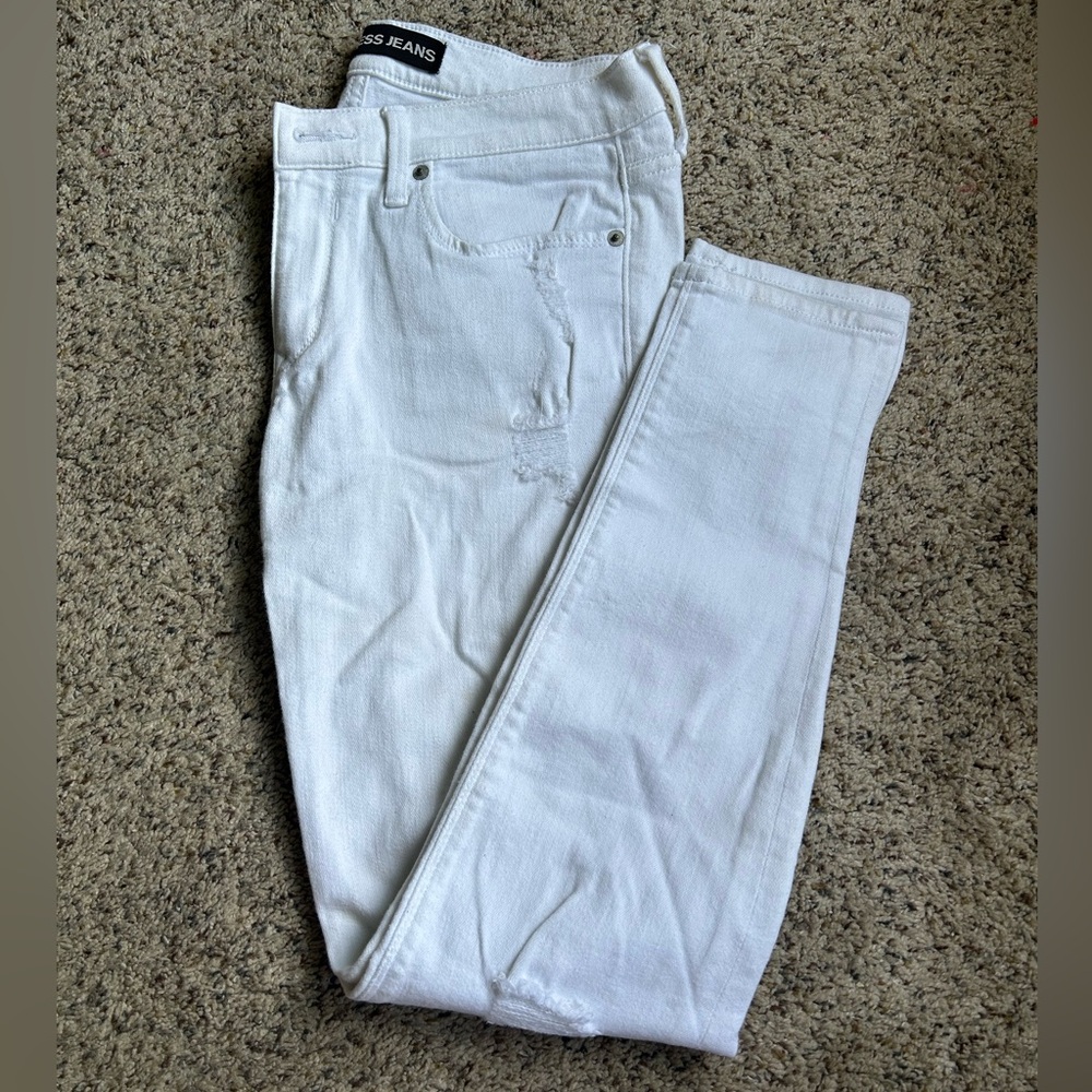 Express jeggings, 6r destructed, 9.5” mid-rise, 28” inseam